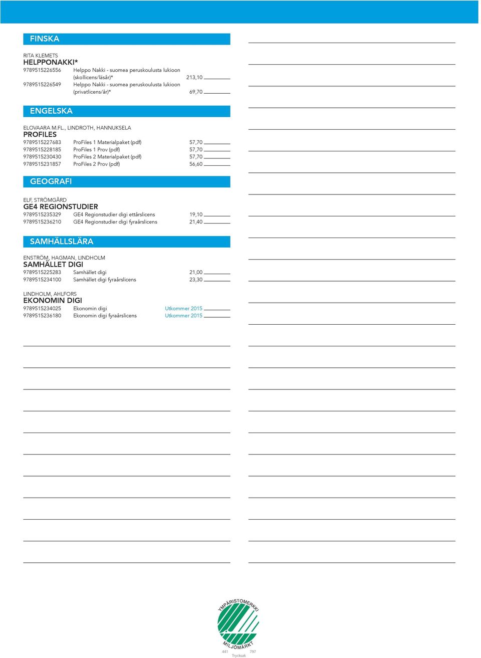 , LINDROTH, HANNUKSELA PROFILES 9789515227683 ProFiles 1 Materialpaket (pdf) 57,70 9789515228185 ProFiles 1 Prov (pdf) 57,70 9789515230430 ProFiles 2 Materialpaket (pdf) 57,70 9789515231857 ProFiles