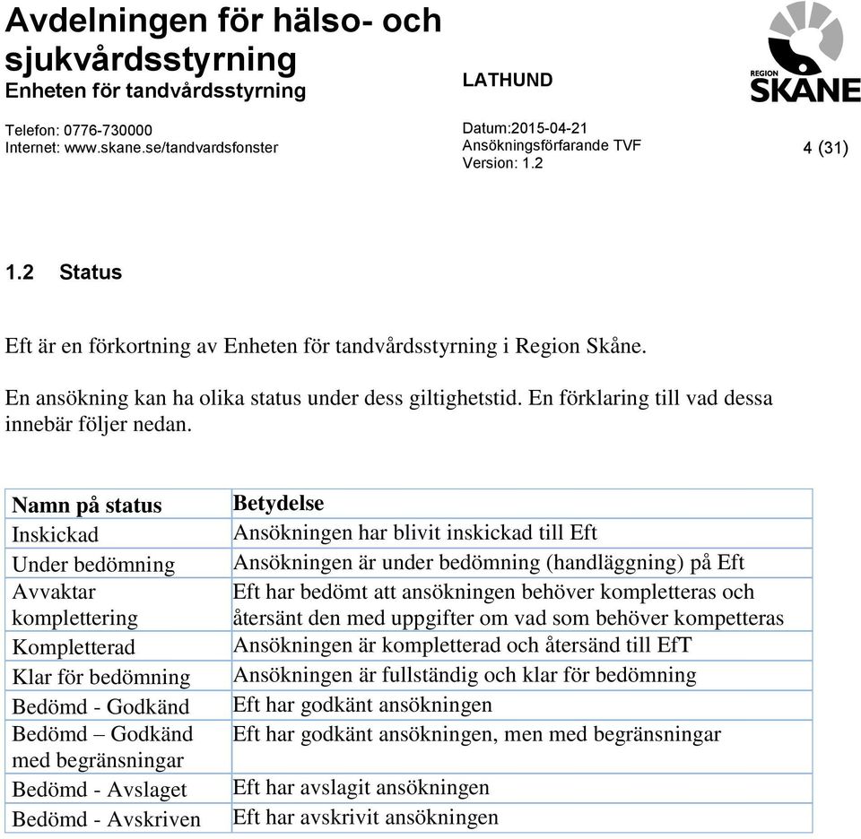 Ansökningen har blivit inskickad till Eft Ansökningen är under bedömning (handläggning) på Eft Eft har bedömt att ansökningen behöver kompletteras och återsänt den med uppgifter om vad som behöver