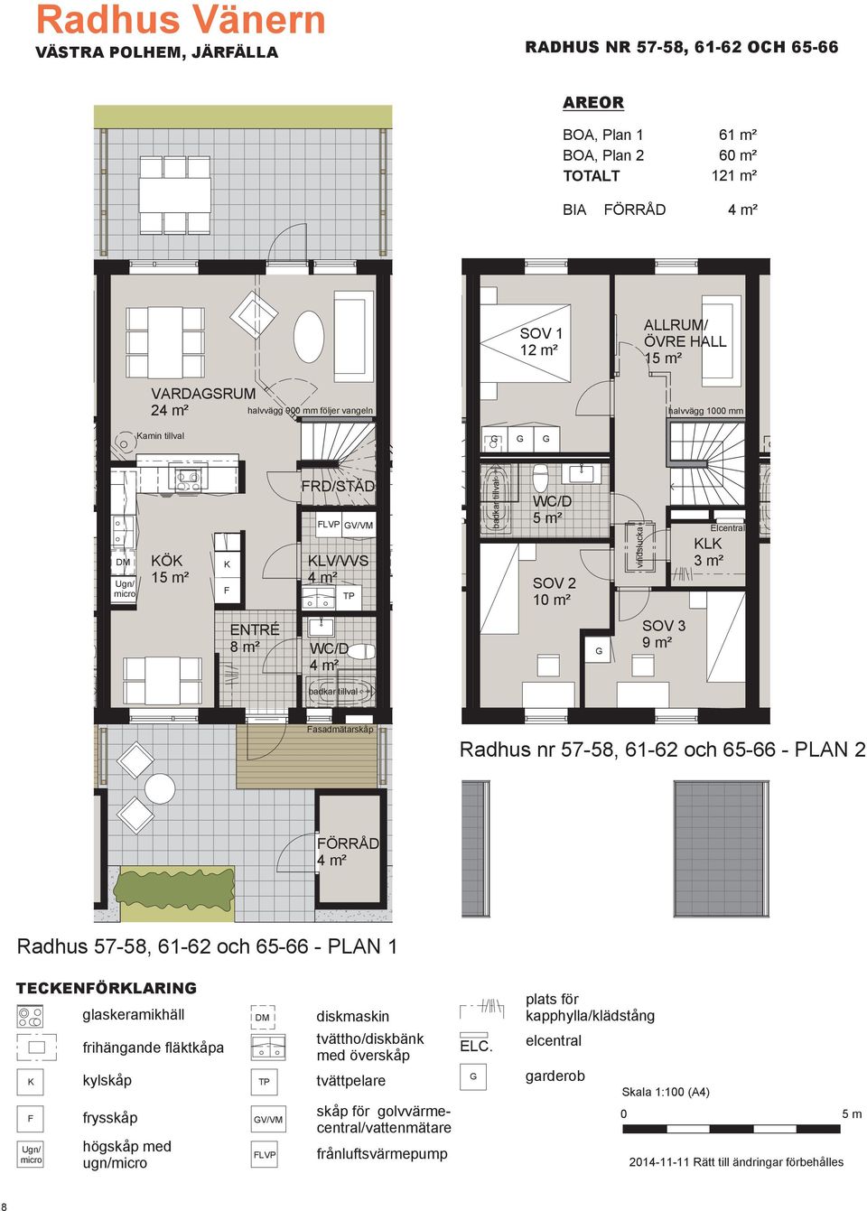 m² badkar tillval asadmätarskåp Radhus nr 57-58, 61-62 och 65-66 - PLAN 2 ÖRRÅD Radhus 57-58, 61-62 och 65-66 - PLAN 1 TECENÖRLARIN glaskeramikhäll frihängande fläktkåpa kylskåp frysskåp högskåp med