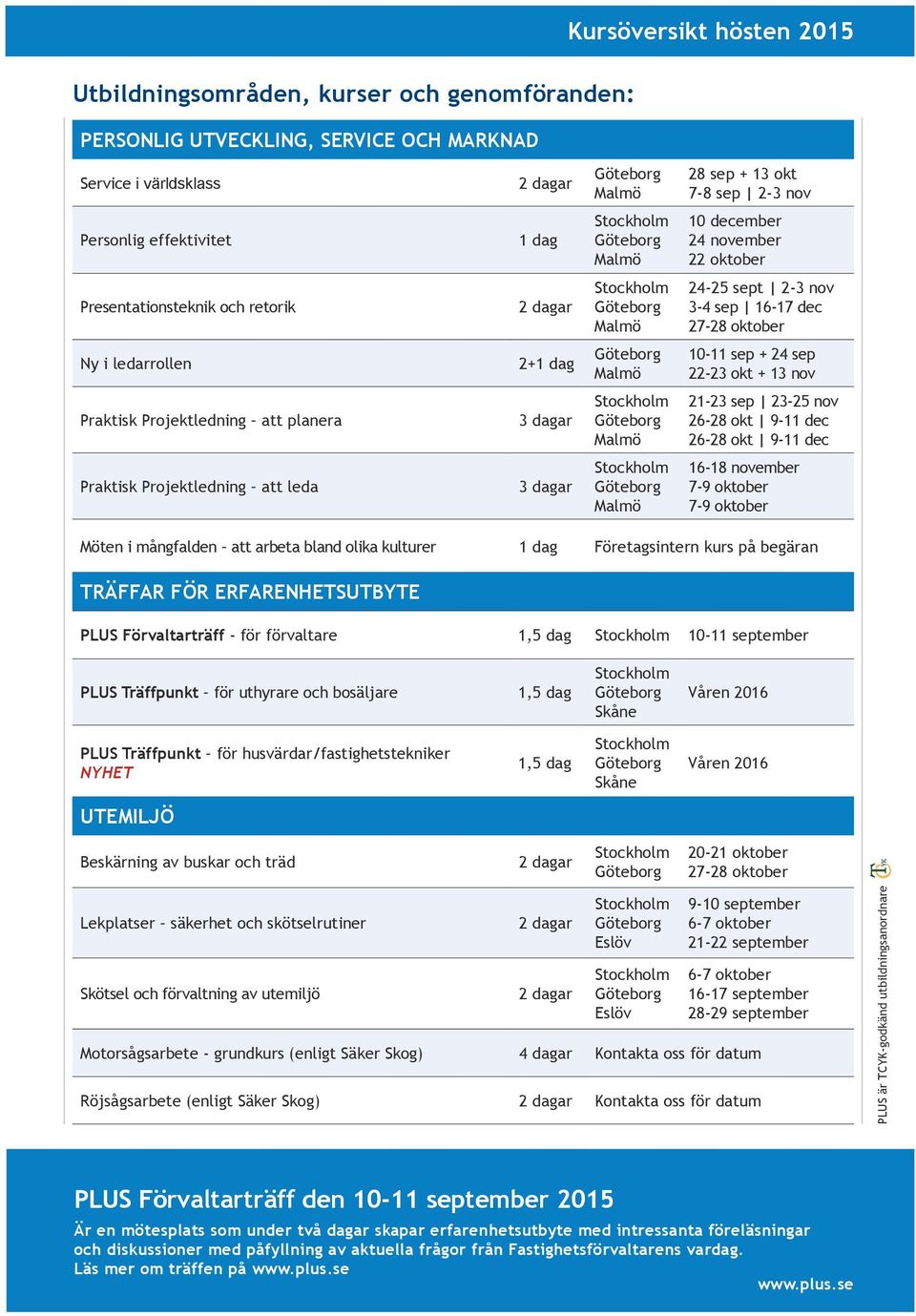 att planera 3 dagar 21-23 sep 23-25 nov 26-28 okt 9-11 dec 26-28 okt 9-11 dec Praktisk Projektledning att leda 3 dagar 16-18 november 7-9 oktober 7-9 oktober Möten i mångfalden att arbeta bland olika