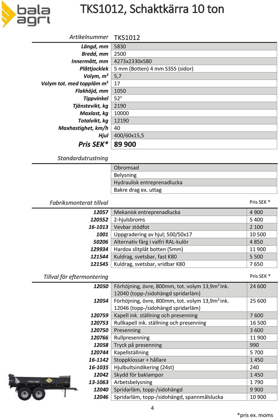 uttag 12057 Mekanisk entreprenadlucka 4 900 120552 2-hjulsbroms 5 400 1001 Uppgradering av hjul; 500/50x17 10 500 129934 Hardox slitplåt botten (5mm) 11 900 121544 Kuldrag, svetsbar, fast K80 5 500
