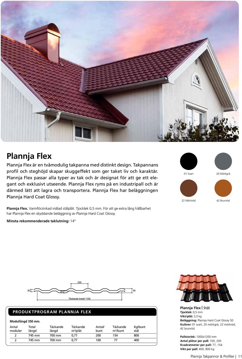 Plannja Flex har beläggningen Plannja Hard Coat Glossy. Plannja Flex. Varmförzinkad målad stålplåt. Tjocklek 0,5 mm.