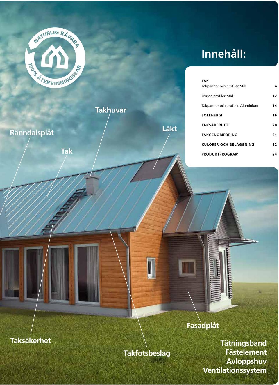 Aluminium 14 SOLENERGI 16 Ränndalsplåt Läkt TAKSÄKERHET 20 TAKGENOMFÖRING 21