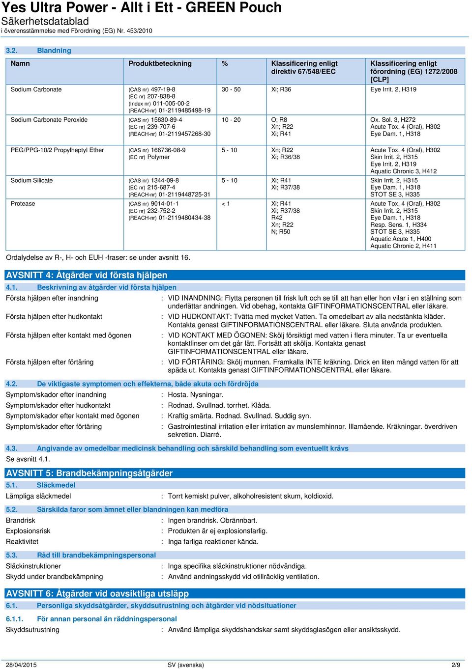 2, H319 10-20 O; R8 Xn; R22 Xi; R41 Ox. Sol. 3, H272 Acute Tox. 4 (Oral), H302 Eye Dam.