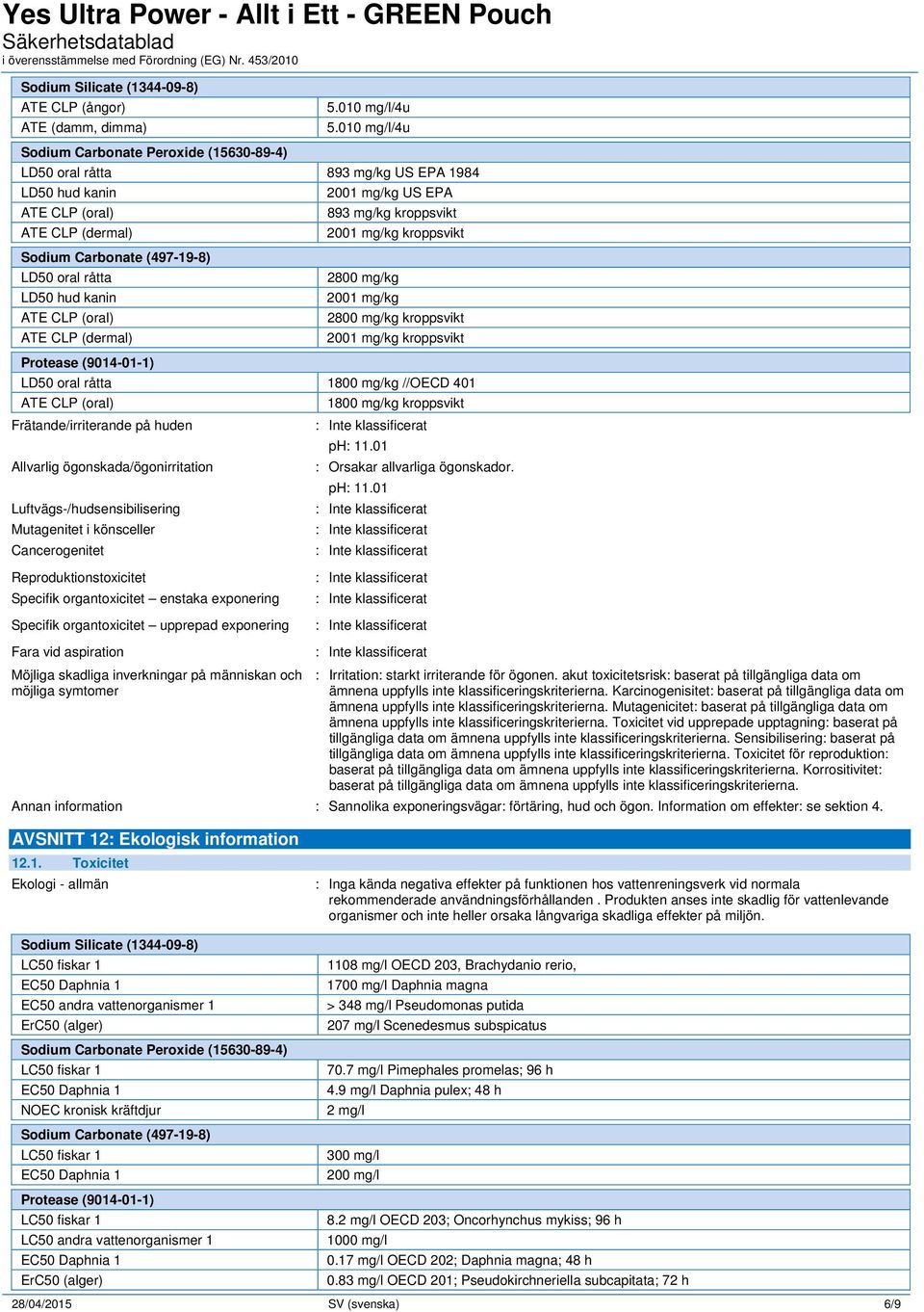 kanin ATE CLP (dermal) 2800 mg/kg 2001 mg/kg 2800 mg/kg kroppsvikt 2001 mg/kg kroppsvikt LD50 oral råtta 1800 mg/kg //OECD 401 1800 mg/kg kroppsvikt Frätande/irriterande på huden ph: 11.