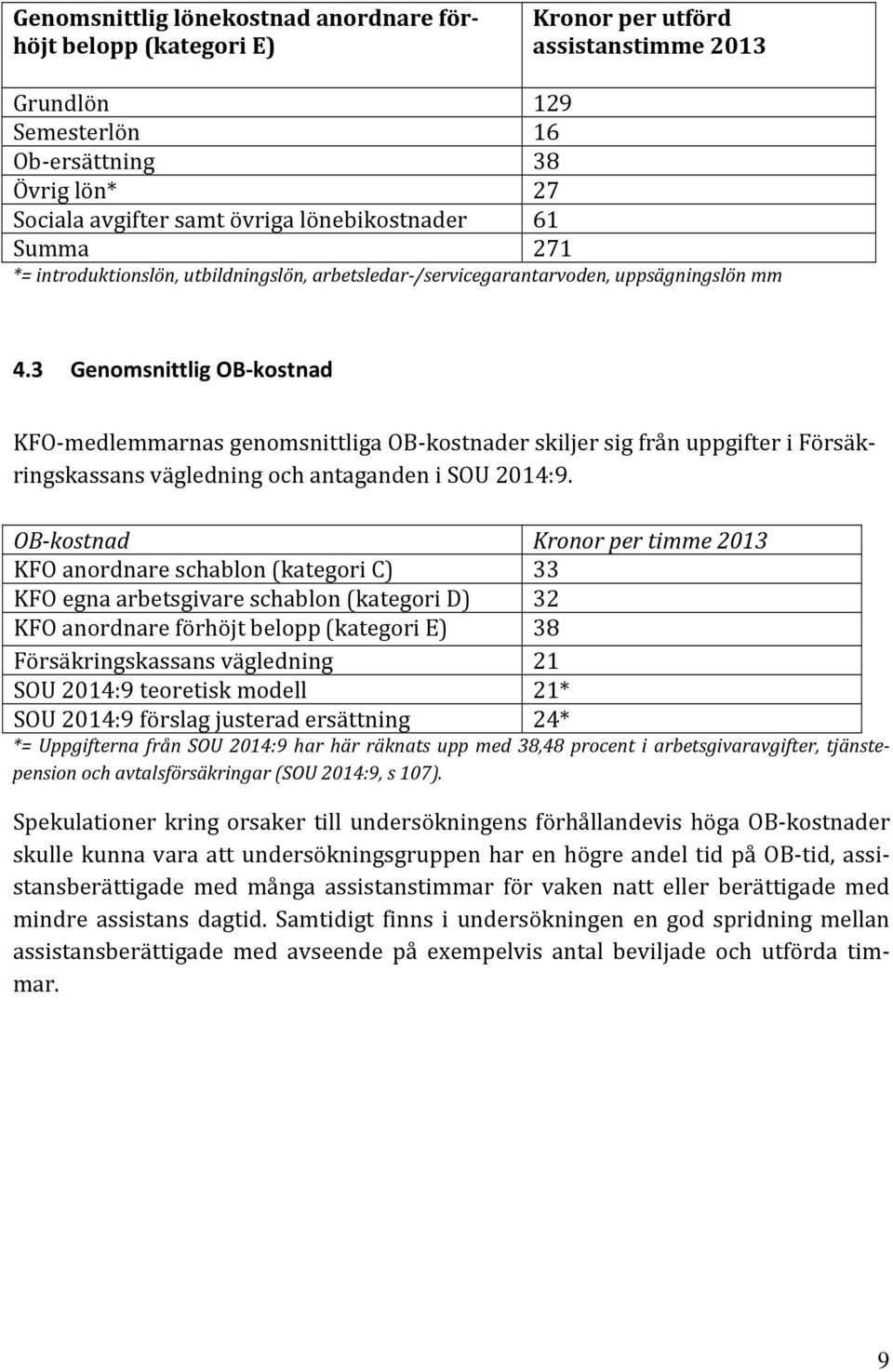 3 Genomsnittlig OB kostnad KFO medlemmarnas genomsnittliga OB kostnader skiljer sig från uppgifter i Försäkringskassans vägledning och antaganden i SOU 2014:9.