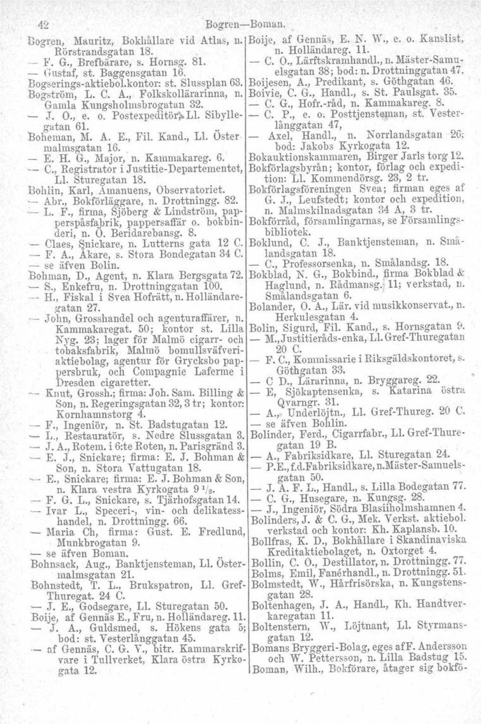 Bogström, L. C. A., Folkskollärarinna, n. Boivie, C. G., Handl., s. St. Paulagat. 35. Gamla Kungsholmsbrogatan 32. C. G., Hofr.råd, n. Kammakareg. 8. J. O., e. o. Postexpeditör, L1, Sibylle C. P., e. o, Posttjensteman, st.