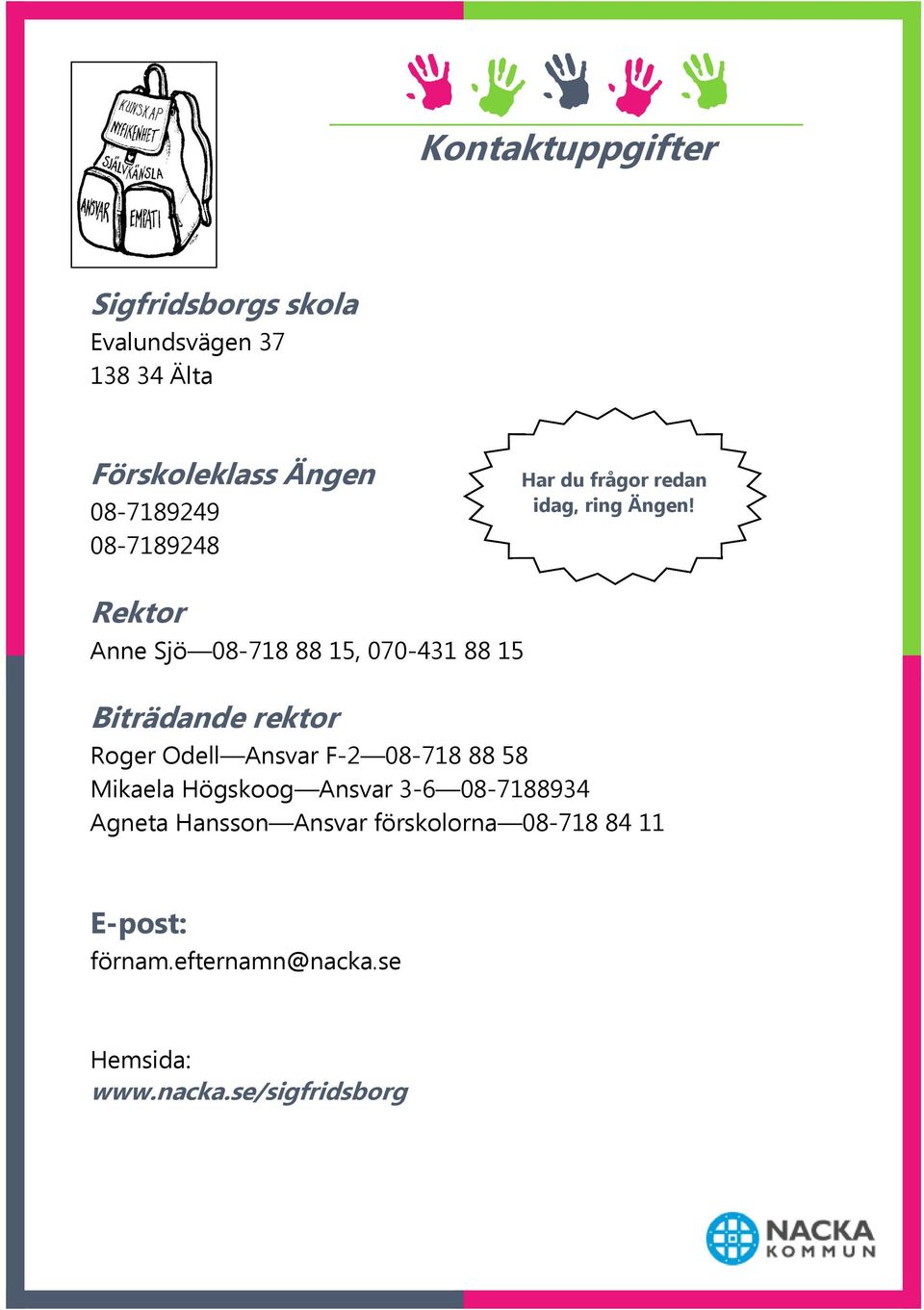 Rektor Anne Sjö 08-718 88 15, 070-431 88 15 Biträdande rektor Roger Odell Ansvar F-2 08-718 88 58