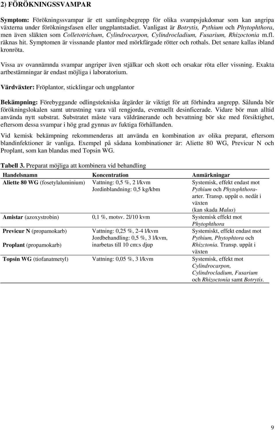Symptomen är vissnande plantor med mörkfärgade rötter och rothals. Det senare kallas ibland kronröta. Vissa av ovannämnda svampar angriper även stjälkar och skott och orsakar röta eller vissning.