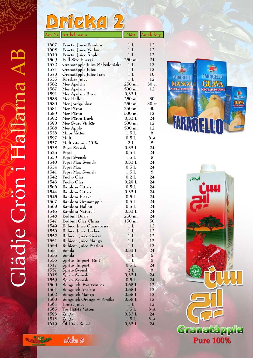 L 12 1573 Granatäpple Juice Iran 1 L 10 1535 Körsbär Juice 1 L 12 1582 Mer Apelsin 250 ml 30 st 1587 Mer Apelsin 500 ml 12 1591 Mer Apelsin Burk 0,33 L 1583 Mer Hallon 250 ml 30 1580 Mer Jordgubbar