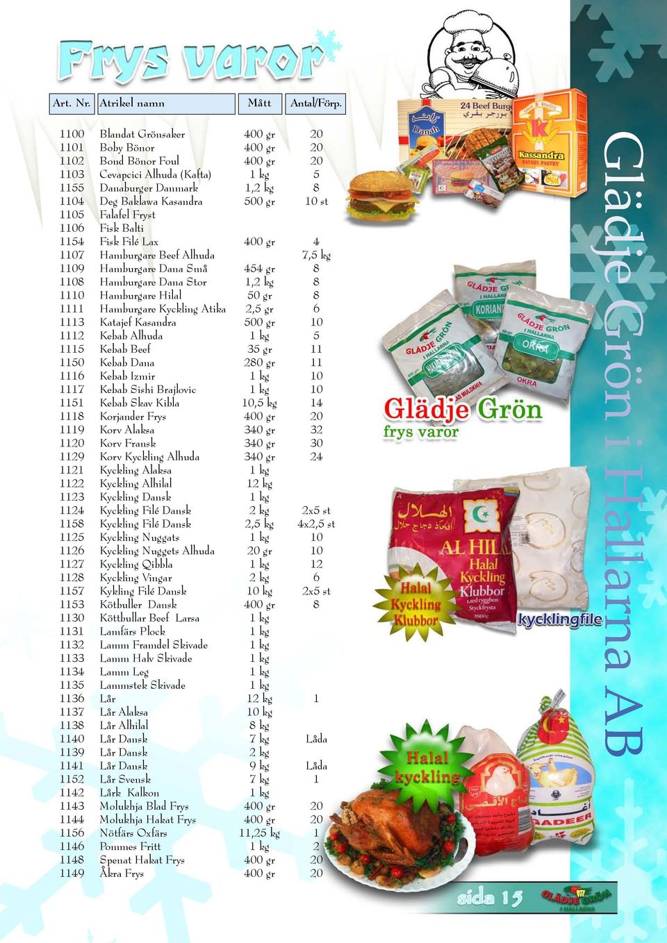 1105 Falafel Fryst 1106 Fisk Balti 1154 Fisk Filé Lax 400 gr 4 1107 Hamburgare Beef Alhuda 7,5 kg 1109 Hamburgare Dana Små 454 gr 8 1108 Hamburgare Dana Stor 1,2 kg 8 1110 Hamburgare Hilal 50 gr 8
