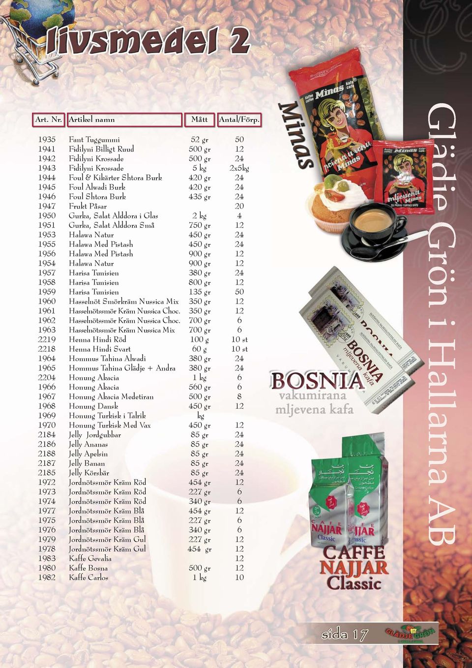 420 gr 24 1946 Foul Shtora Burk 435 gr 24 1947 Frukt Påsar 20 1950 Gurka, Salat Alddora i Glas 2 kg 4 1951 Gurka, Salat Alddora Små 750 gr 12 1953 Halawa Natur 450 gr 24 1955 Halawa Med Pistash 450