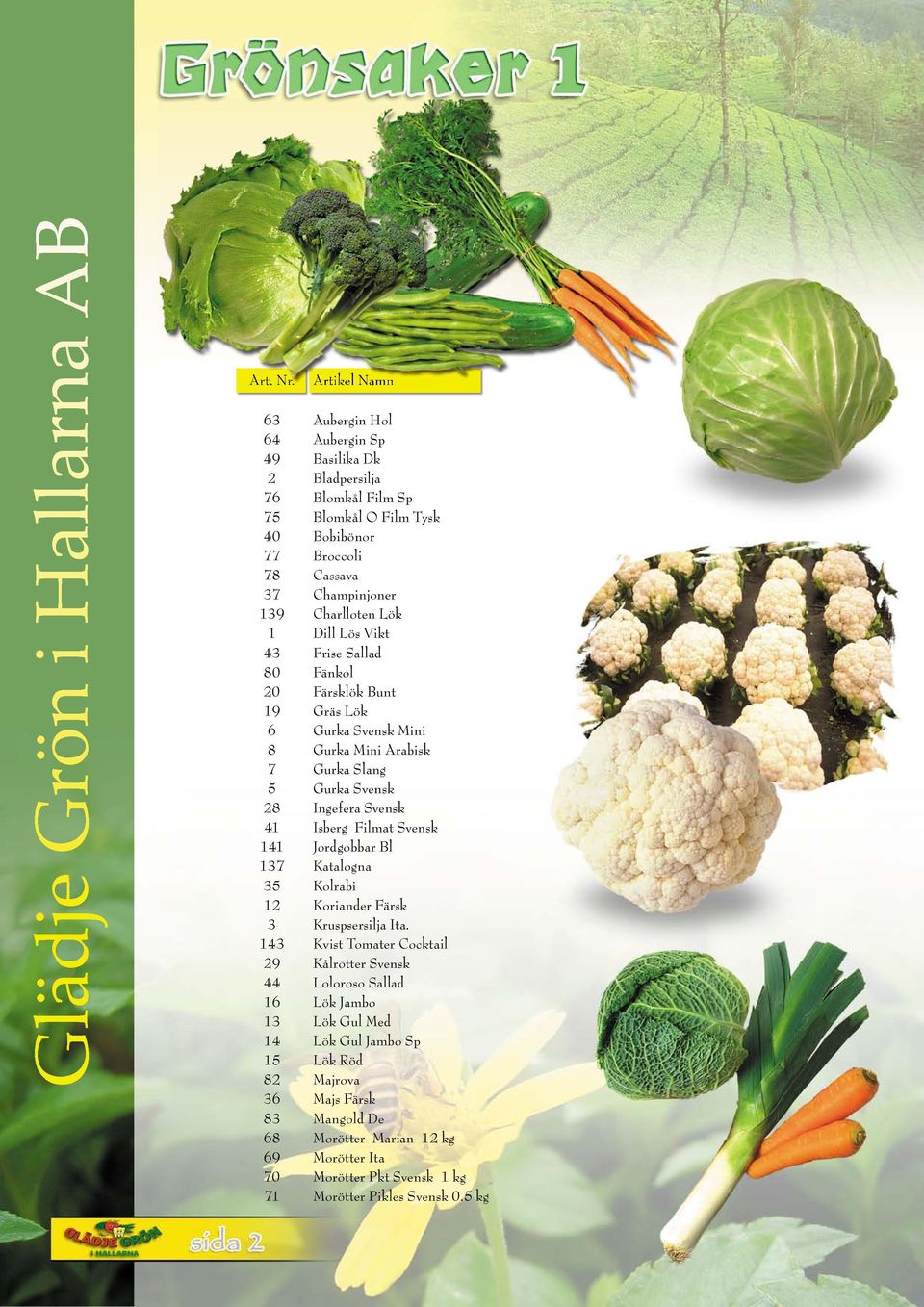 Charlloten Lök 1 Dill Lös Vikt 43 Frise Sallad 80 Fänkol 20 Färsklök Bunt 19 Gräs Lök 6 Gurka Svensk Mini 8 Gurka Mini Arabisk 7 Gurka Slang 5 Gurka Svensk 28 Ingefera Svensk 41