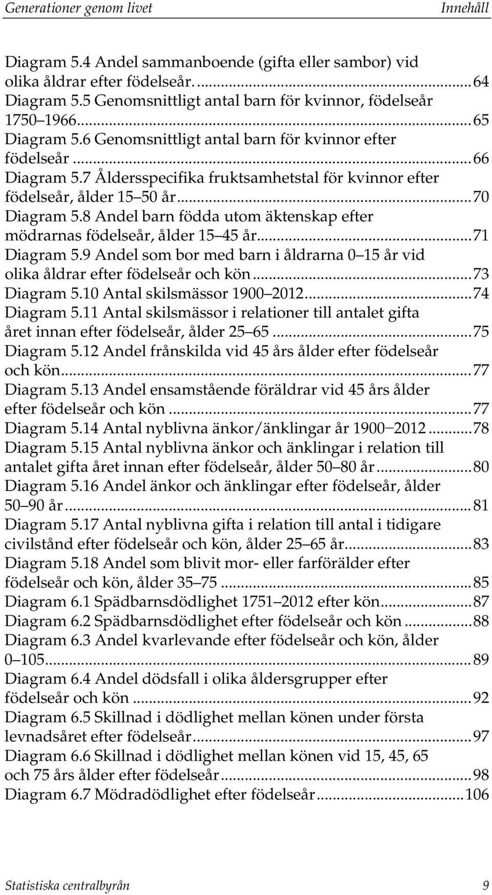 8 Andel barn födda utom äktenskap efter mödrarnas födelseår, ålder 15 45 år... 71 Diagram 5.9 Andel som bor med barn i åldrarna 15 år vid olika åldrar efter födelseår och kön... 73 Diagram 5.