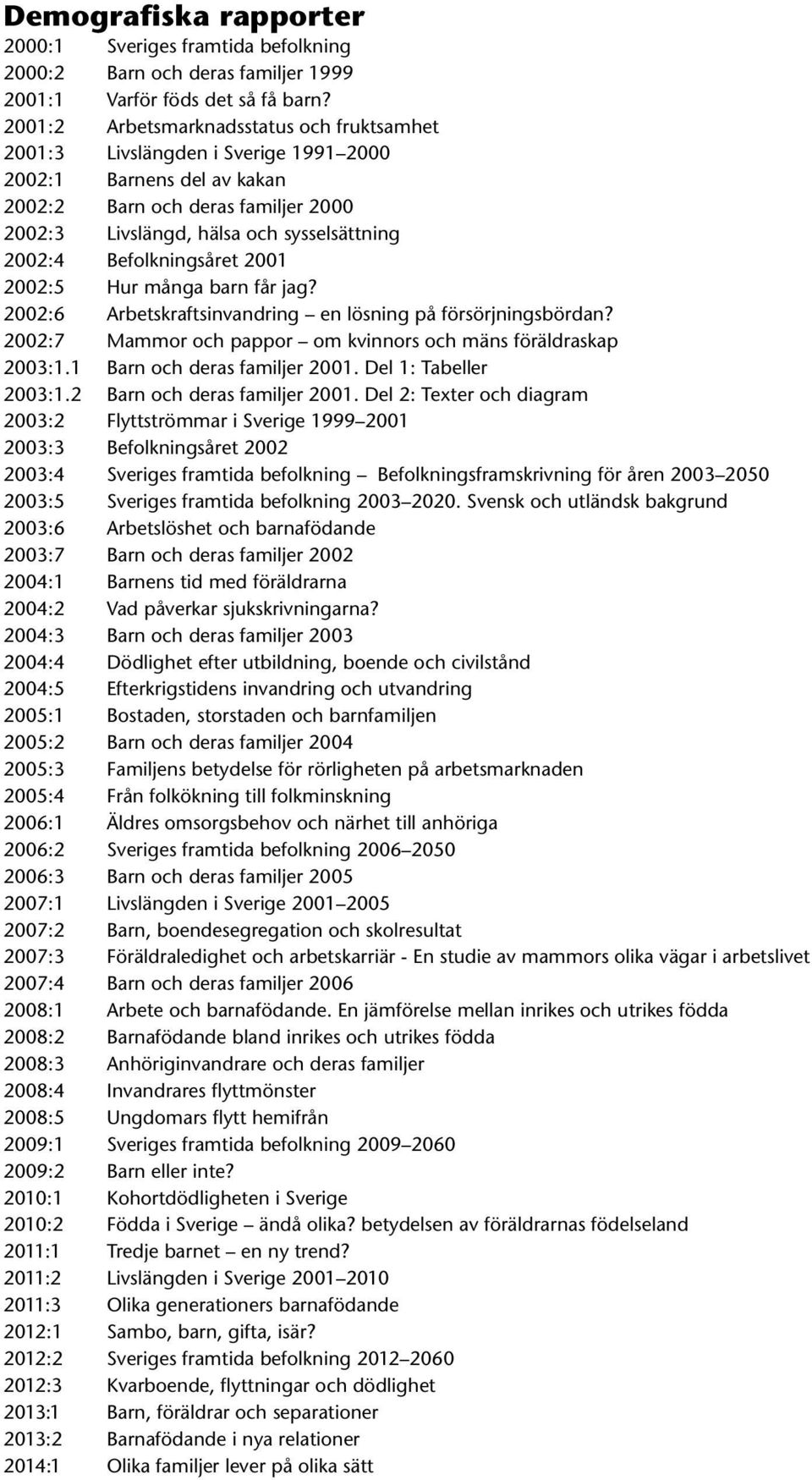 22:5 Hur många barn får jag? 22:6 Arbetskraftsinvandring en lösning på försörjningsbördan? 22:7 Mammor och pappor om kvinnors och mäns föräldraskap 23:1.1 Barn och deras familjer 21.