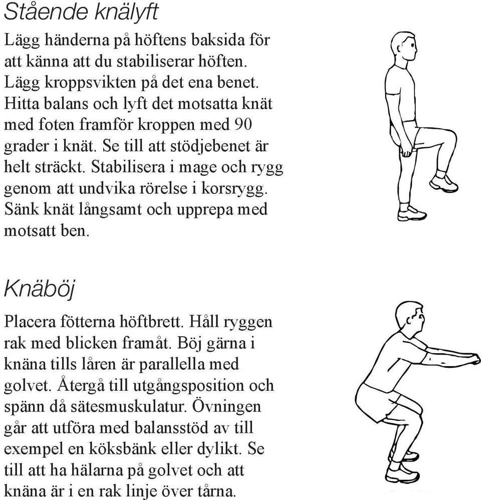 Stabilisera i mage och rygg genom att undvika rörelse i korsrygg. Sänk knät långsamt och upprepa med motsatt ben. Knäböj Placera fötterna höftbrett.