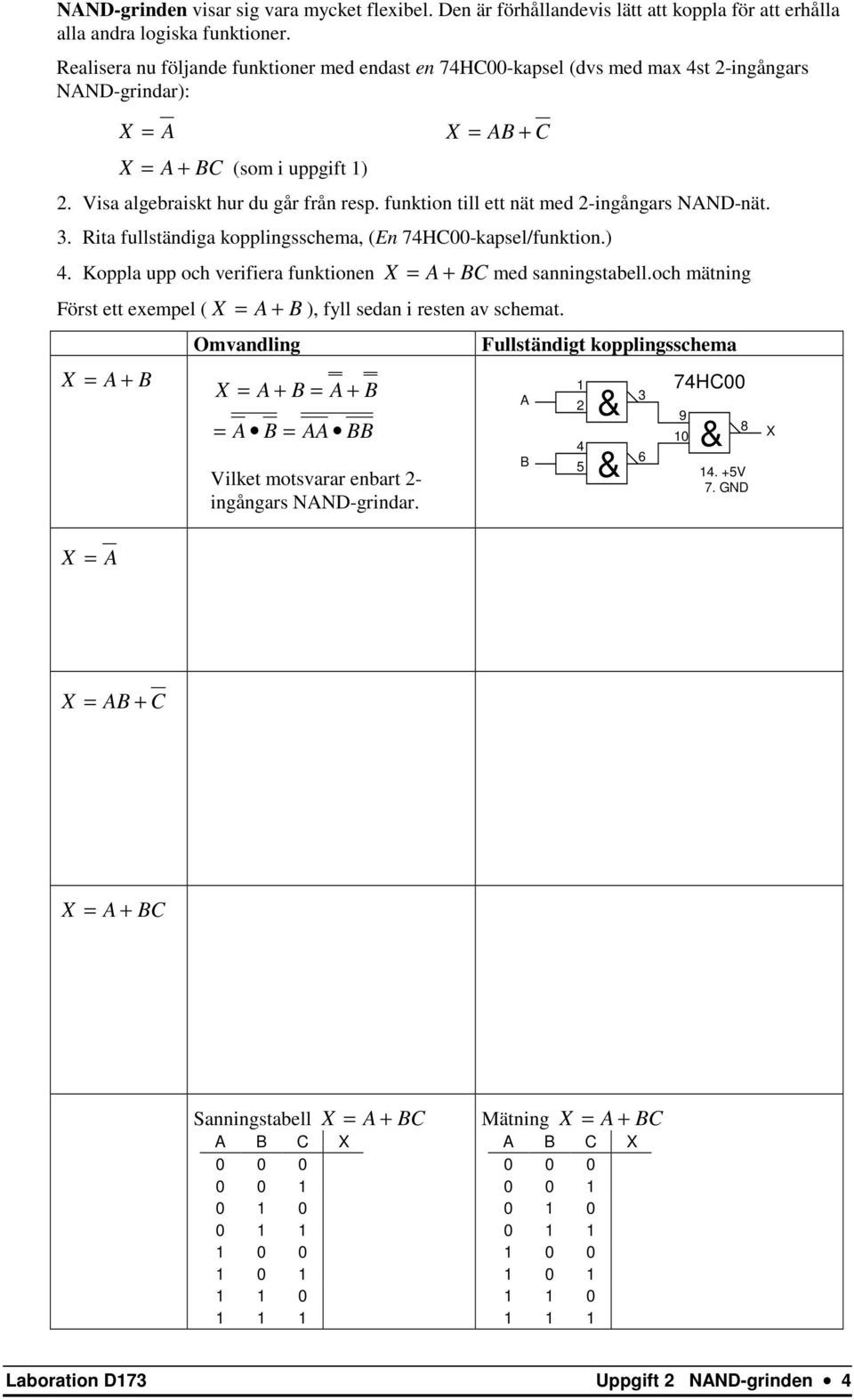 funktion till ett nät med 2-ingångars NAND-nät. 3. Rita fullständiga kopplingsschema, (En 74HC00-kapsel/funktion.) 4. Koppla upp och verifiera funktionen X = A + BC med sanningstabell.