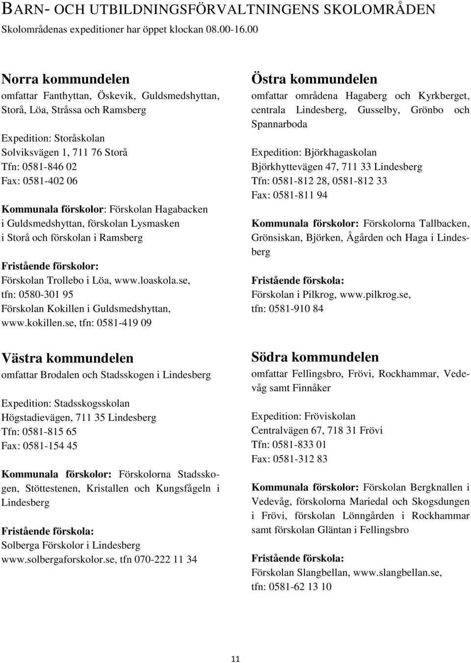 förskolor: Förskolan Hagabacken i Guldsmedshyttan, förskolan Lysmasken i Storå och förskolan i Ramsberg Fristående förskolor: Förskolan Trollebo i Löa, www.loaskola.