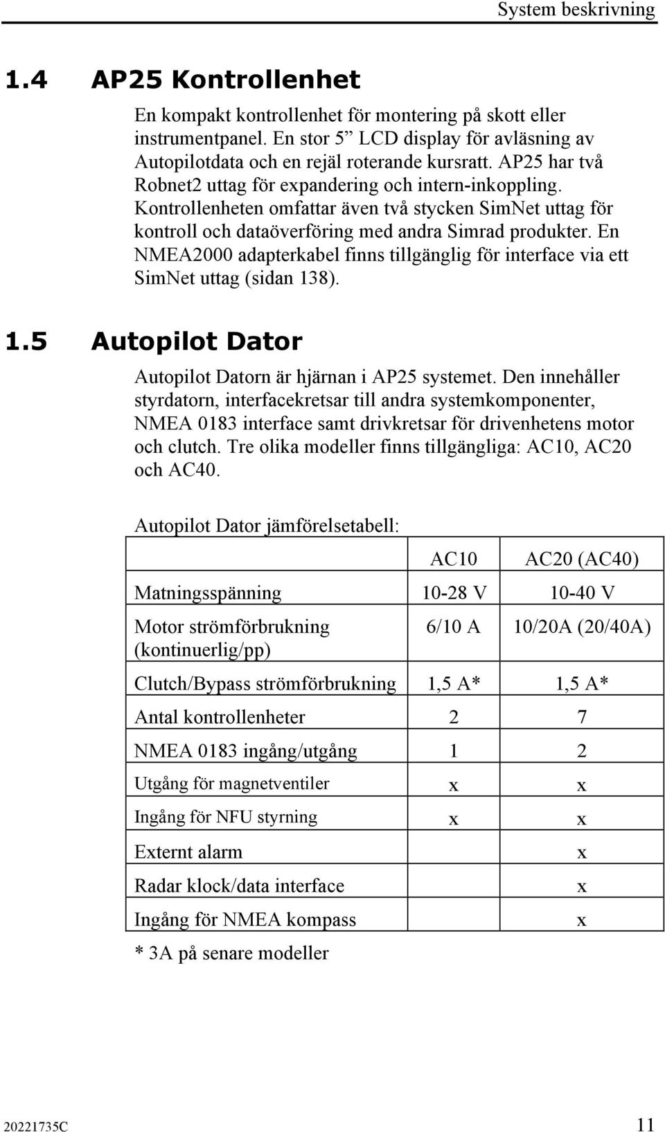 En NMEA2000 adapterkabel finns tillgänglig för interface via ett SimNet uttag (sidan 138). 1.5 Autopilot Dator Autopilot Datorn är hjärnan i AP25 systemet.