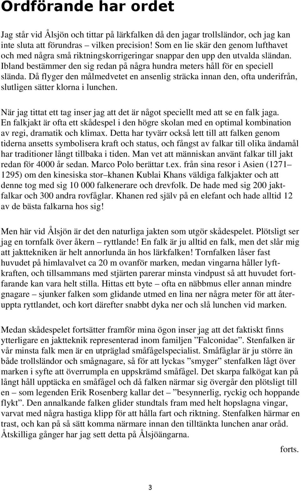 Då flyger den målmedvetet en ansenlig sträcka innan den, ofta underifrån, slutligen sätter klorna i lunchen. När jag tittat ett tag inser jag att det är något speciellt med att se en falk jaga.