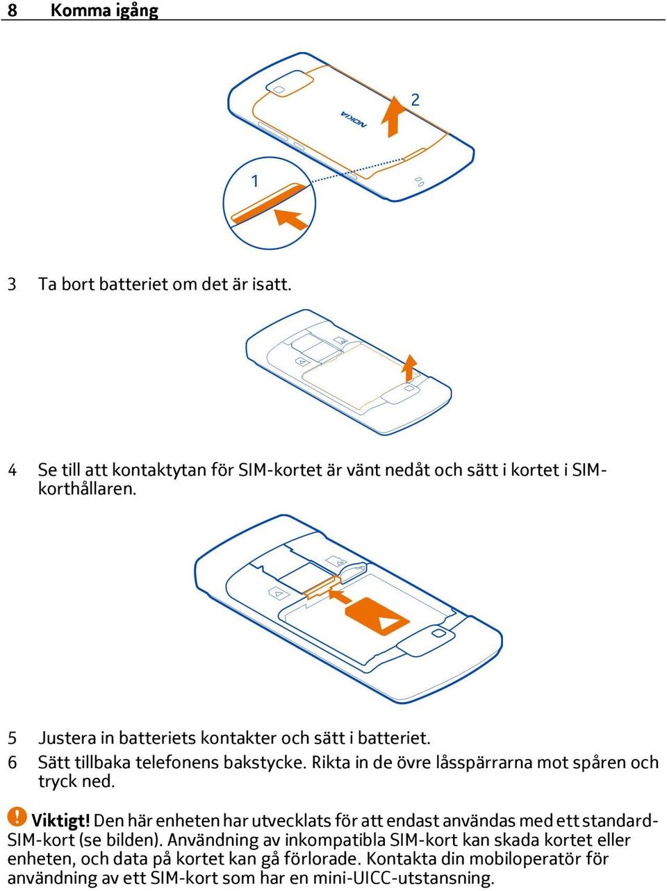 Viktigt! Den här enheten har utvecklats för att endast användas med ett standard- SIM-kort (se bilden).