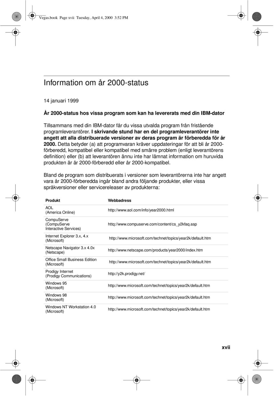 du vissa utvalda program från fristående programleverantörer. I skrivande stund har en del programleverantörer inte angett att alla distribuerade versioner av deras program är förberedda för år 2000.