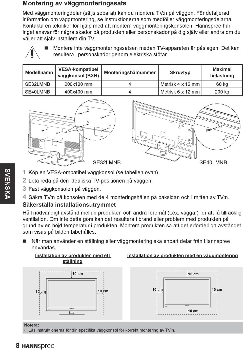Hannspree har inget ansvar för några skador på produkten eller personskador på dig själv eller andra om du väljer att själv installera din TV.