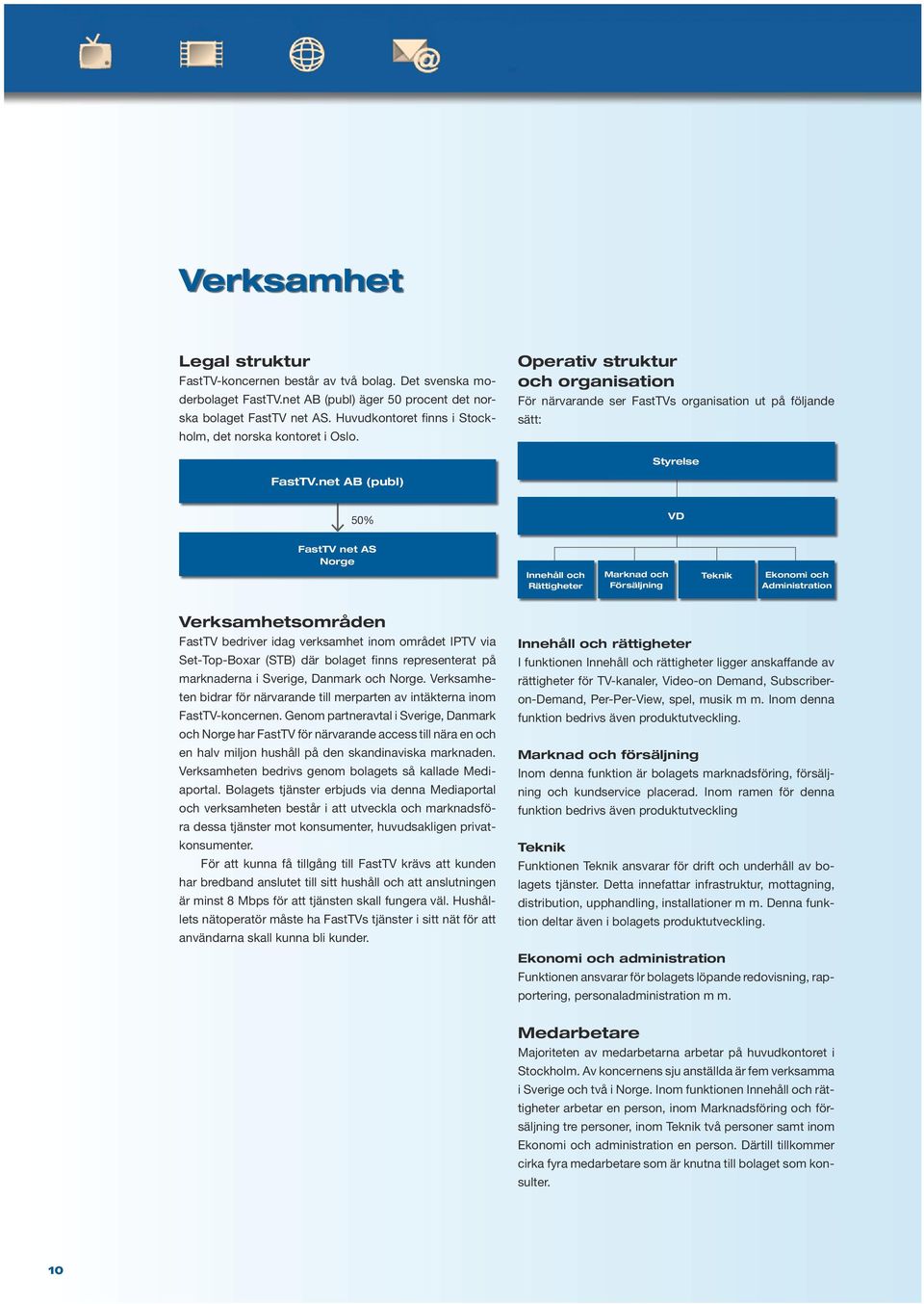 et AB (publ) 50% VD FastTV et AS Norge Iehåll och Rättigheter Markad och Försäljig Tekik Ekoomi och Admiistratio Verksamhetsområde FastTV bedriver idag verksamhet iom området IPTV via Set-Top-Boxar