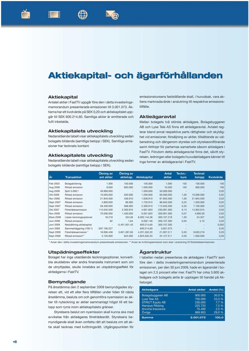 Aktiekapitalets utvecklig Nedaståede tabell visar aktiekapitalets utvecklig seda bolagets bildade (samtliga belopp i SEK). Samtliga emissioer har teckats kotat.