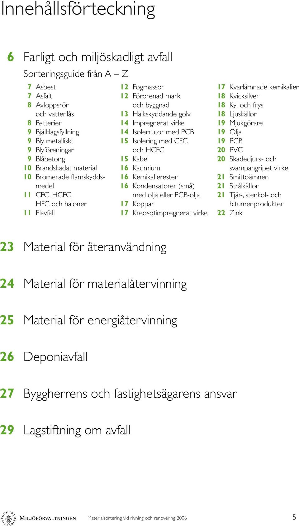 Isolerrutor med PCB 15 Isolering med CFC och HCFC 15 Kabel 16 Kadmium 16 Kemikalierester 16 Kondensatorer (små) med olja eller PCB-olja 17 Koppar 17 Kreosotimpregnerat virke 17 Kvarlämnade kemikalier