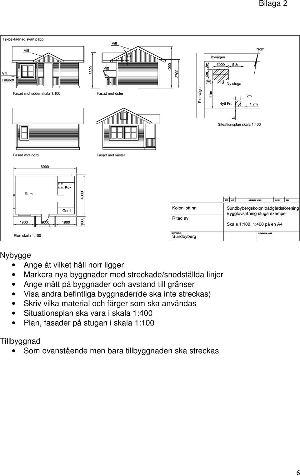 streckas) Skriv vilka material och färger som ska användas Situationsplan ska vara i skala 1:400