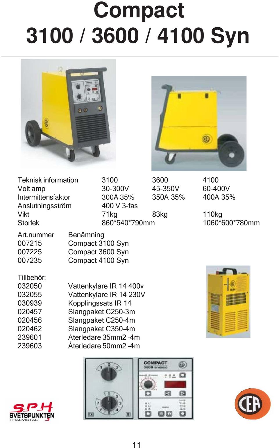 nummer Benämning 007215 Compact 3100 Syn 007225 Compact 3600 Syn 007235 Compact 4100 Syn Tillbehör: 032050 Vattenkylare IR 14 400v 032055