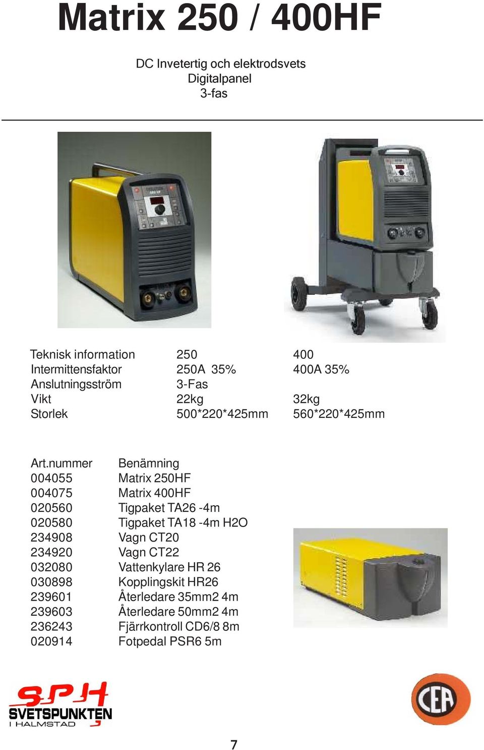 nummer Benämning 004055 Matrix 250HF 004075 Matrix 400HF 020560 Tigpaket TA26-4m 020580 Tigpaket TA18-4m H2O 234908 Vagn CT20