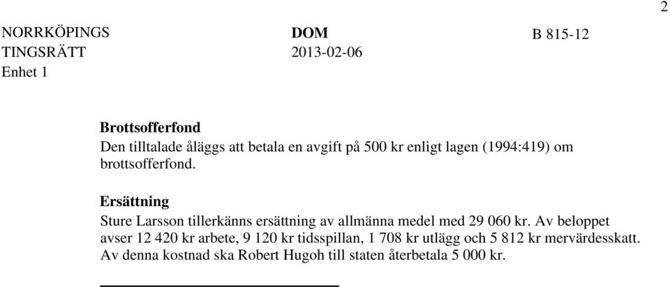 Ersättning Sture Larsson tillerkänns ersättning av allmänna medel med 29 060 kr.