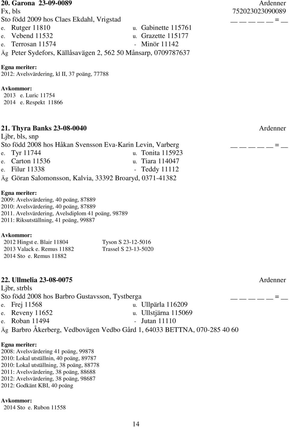 Thyra Banks 23-08-0040 Ardenner Ljbr, bls, snp Sto född 2008 hos Håkan Svensson Eva-Karin Levin, Varberg e. Tyr 11744 u. Tonita 115923 e. Carton 11536 u. Tiara 114047 e.