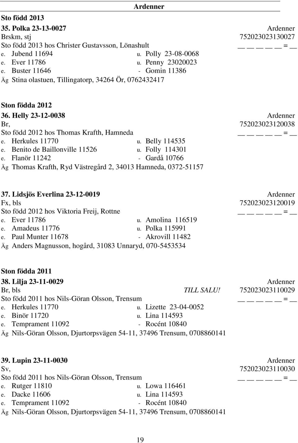 Herkules 11770 u. Belly 114535 e. Benito de Baillonville 11526 u. Folly 114301 e. Flanör 11242 - Gardå 10766 Äg Thomas Krafth, Ryd Västregård 2, 34013 Hamneda, 0372-51157 37.