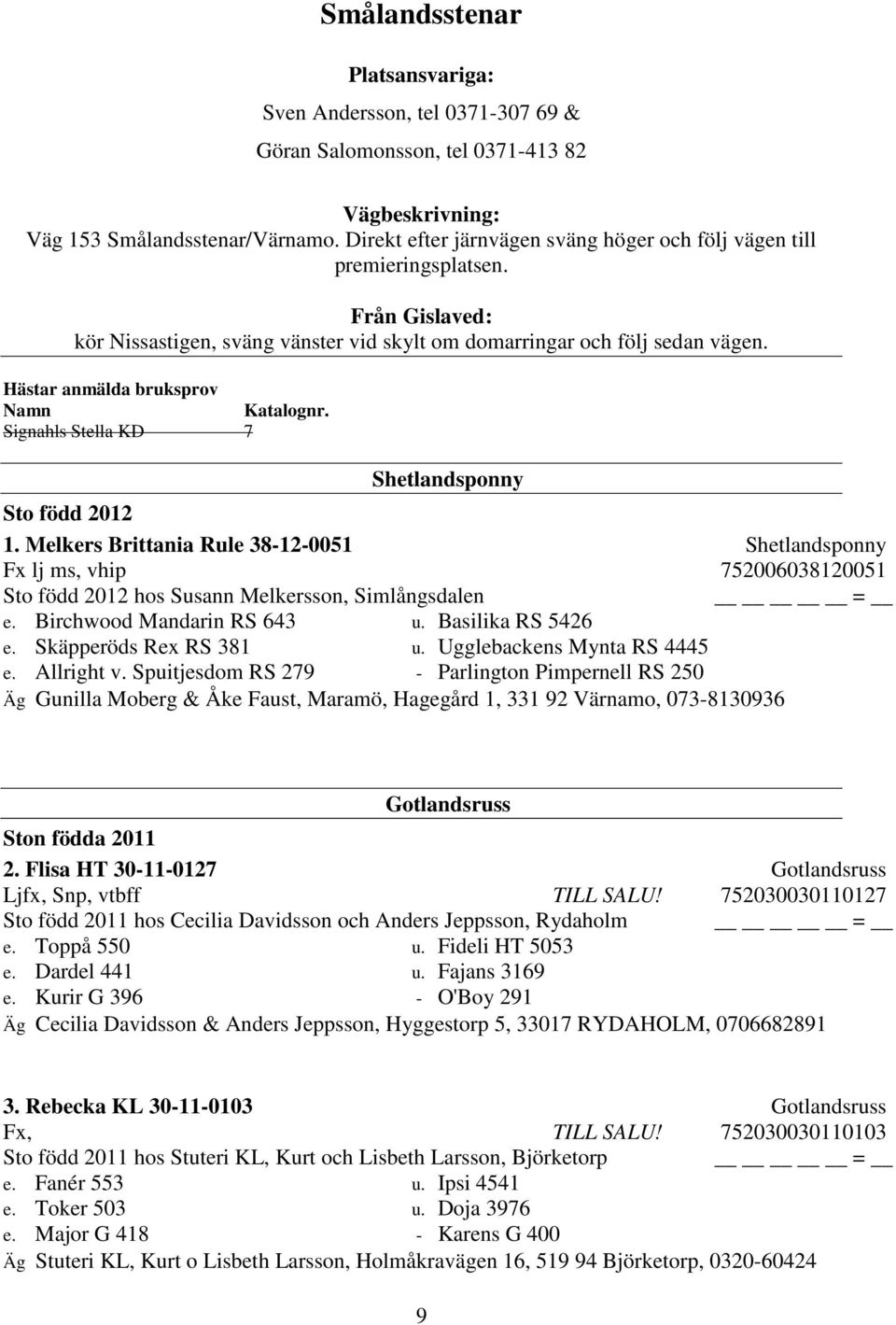 Hästar anmälda bruksprov Namn Katalognr. Signahls Stella KD 7 Shetlandsponny Sto född 2012 1.