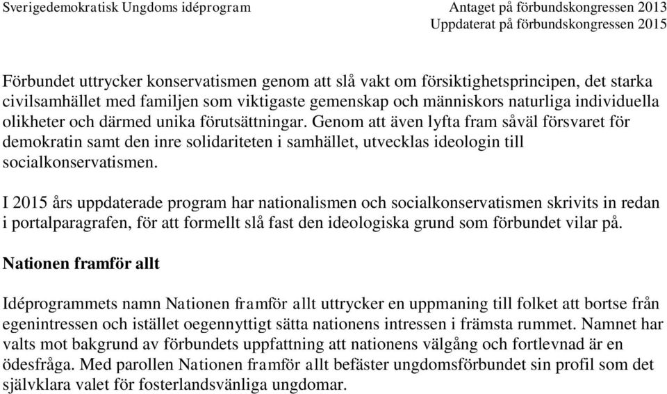 I 2015 års uppdaterade program har nationalismen och socialkonservatismen skrivits in redan i portalparagrafen, för att formellt slå fast den ideologiska grund som förbundet vilar på.