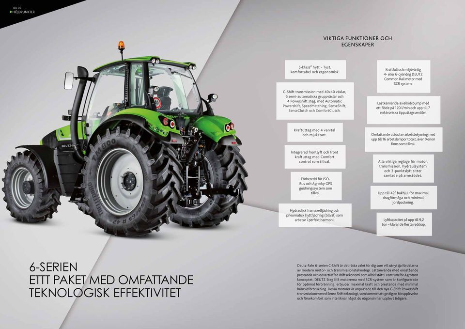 Kraftfull och miljövänlig 4- eller 6-cylindrig DEUTZ Common Rail motor med SCR system. Lastkännande axialkolvpump med ett flöde på 120 l/min och upp till 7 elektroniska tipputtagsventiler.