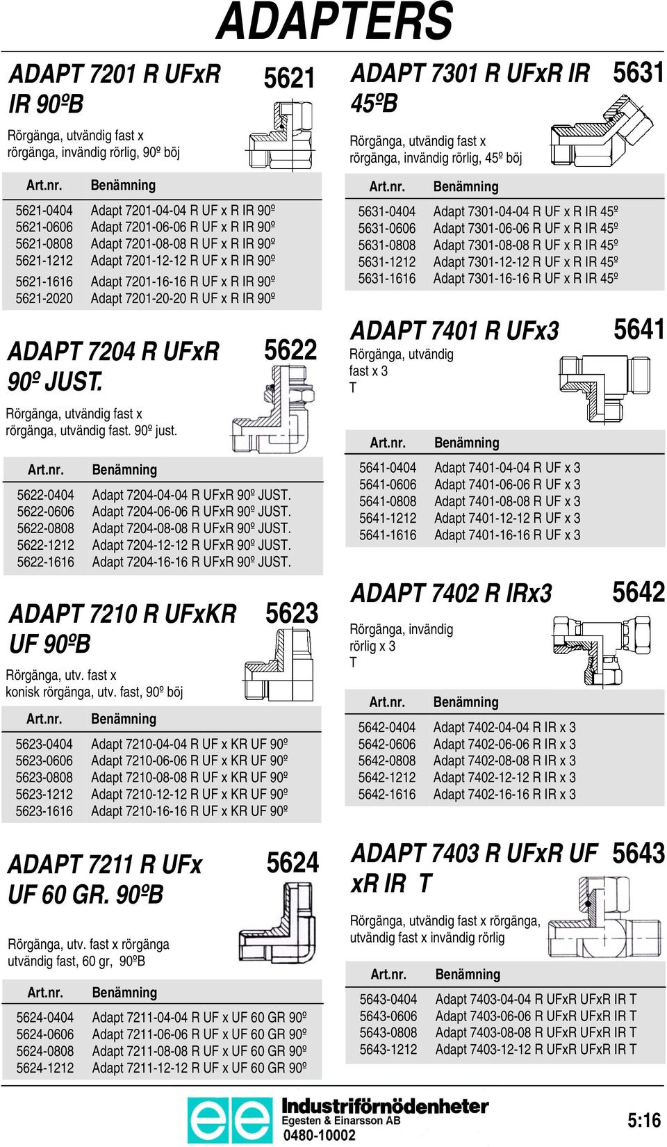 Rörgänga, utvändig fast x rörgänga, utvändig fast. 90º just. 5622-0404 5622-0606 5622-0808 5622-1212 5622-1616 ADAPTERS 5621 5622 Adapt 7204-04-04 R UFxR 90º JUST. Adapt 7204-06-06 R UFxR 90º JUST.