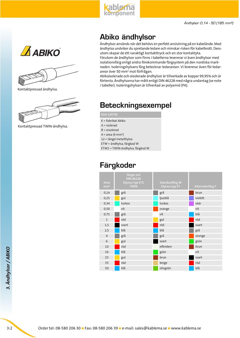 Förutom de ändhylsor som finns i tabellerna levererar vi även ändhylsor med isolationsfärg enligt andra förekommande färgsystem på den nordiska marknaden. Isoleringshylsans färg betecknar ledararean.