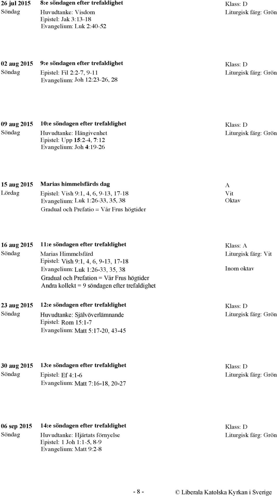 Epistel: Vish 9:1, 4, 6, 9-13, 17-18 Evangelium: Luk 1:26-33, 35, 38 Gradual och Prefatio = Vår Frus högtider A Vit 16 aug 2015 11:e söndagen efter trefaldighet Marias Himmelsfärd Epistel: Vish 9:1,