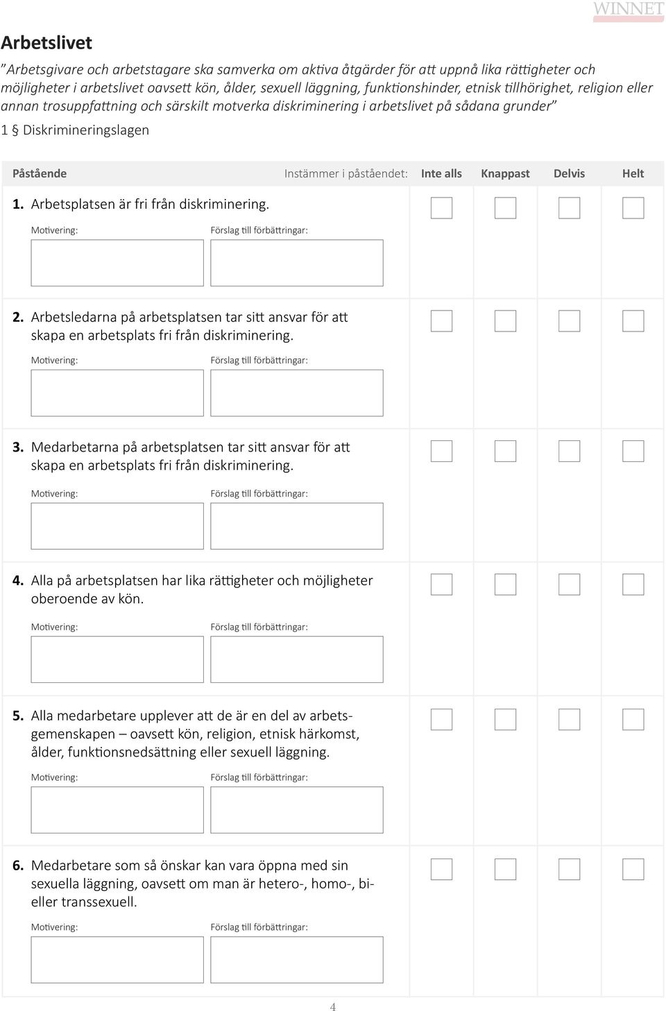 Delvis Helt 1. Arbetsplatsen är fri från diskriminering. 2. Arbetsledarna på arbetsplatsen tar sitt ansvar för att skapa en arbetsplats fri från diskriminering. 3.