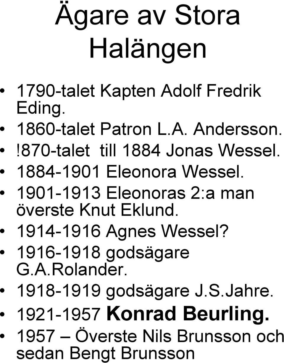1901-1913 Eleonoras 2:a man överste Knut Eklund. 1914-1916 Agnes Wessel?