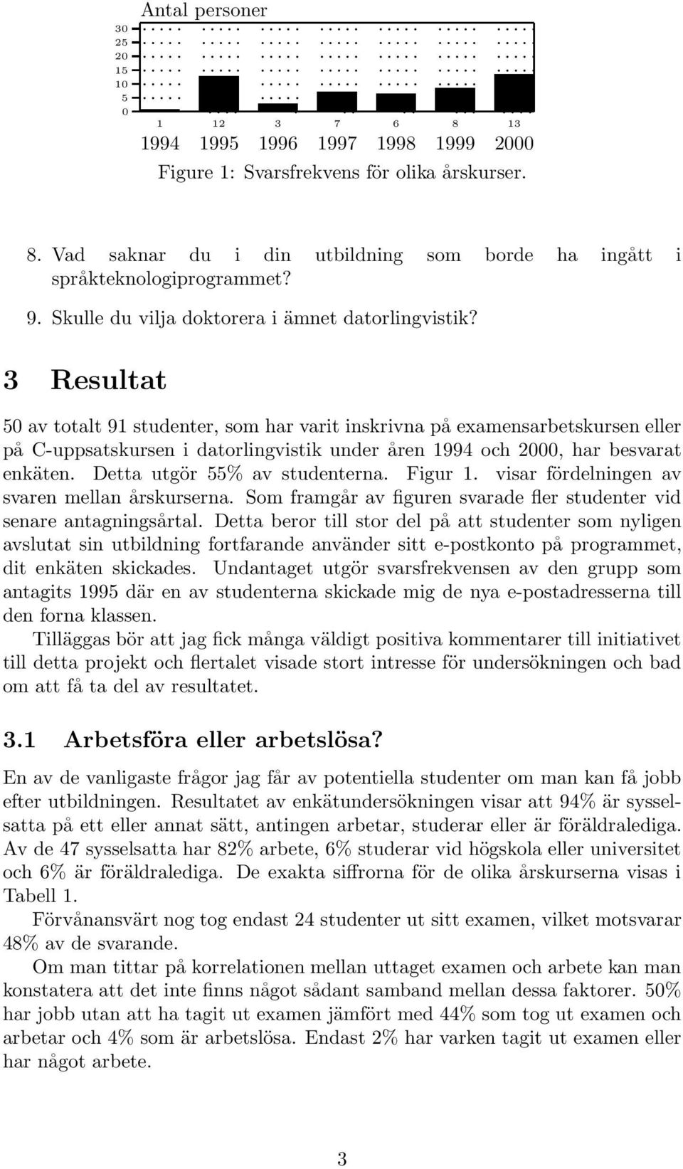 3 Resultat 50 av totalt 91 studenter, som har varit inskrivna på examensarbetskursen eller på C-uppsatskursen i datorlingvistik under åren 1994 och 2000, har besvarat enkäten.