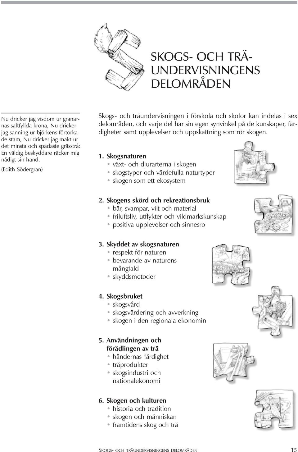 (Edith Södergran) Skogs- och träundervisningen i förskola och skolor kan indelas i sex delområden, och varje del har sin egen synvinkel på de kunskaper, färdigheter samt upplevelser och uppskattning