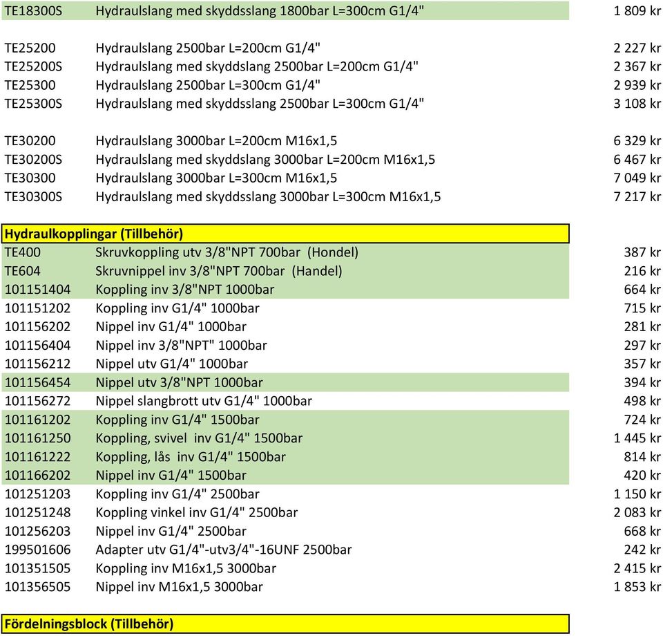 skyddslang 3000bar L=200cm M16x1,5 6 467 kr TE30300 Hydraulslang 3000bar L=300cm M16x1,5 7 049 kr TE30300S Hydraulslang med skyddsslang 3000bar L=300cm M16x1,5 7 217 kr Hydraulkopplingar (Tillbehör)