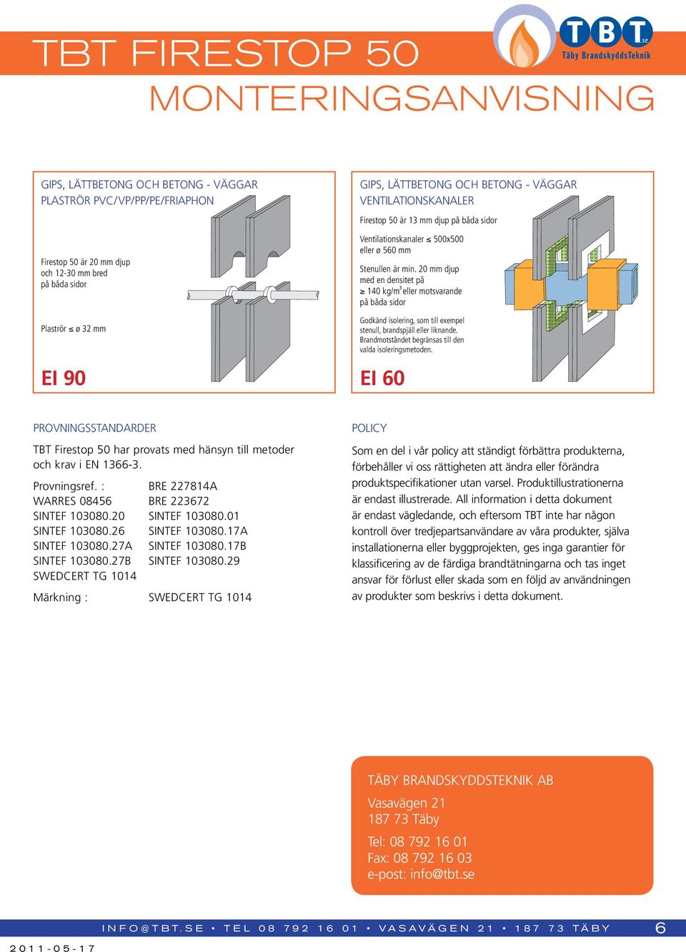 PROVNINGSSTANDARDER TBT Firestop 50 har provats med hänsyn till metoder och krav i EN 1366-3. Provningsref. : BRE 227814A WARRES 08456 BRE 223672 SINTEF 103080.20 SINTEF 103080.01 SINTEF 103080.