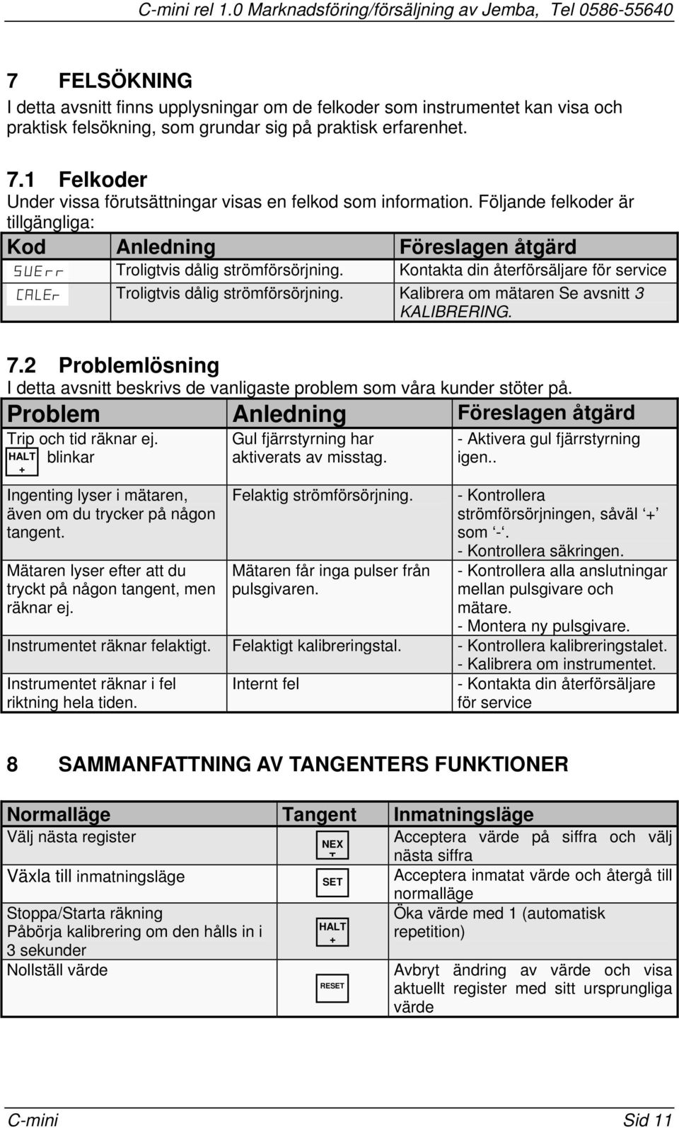 återförsäljare för service roligtvis dålig strömförsörjning Kalibrera om mätaren Se avsnitt 3 KALIBRERING 72 Problemlösning I detta avsnitt beskrivs de vanligaste problem som våra kunder stöter på