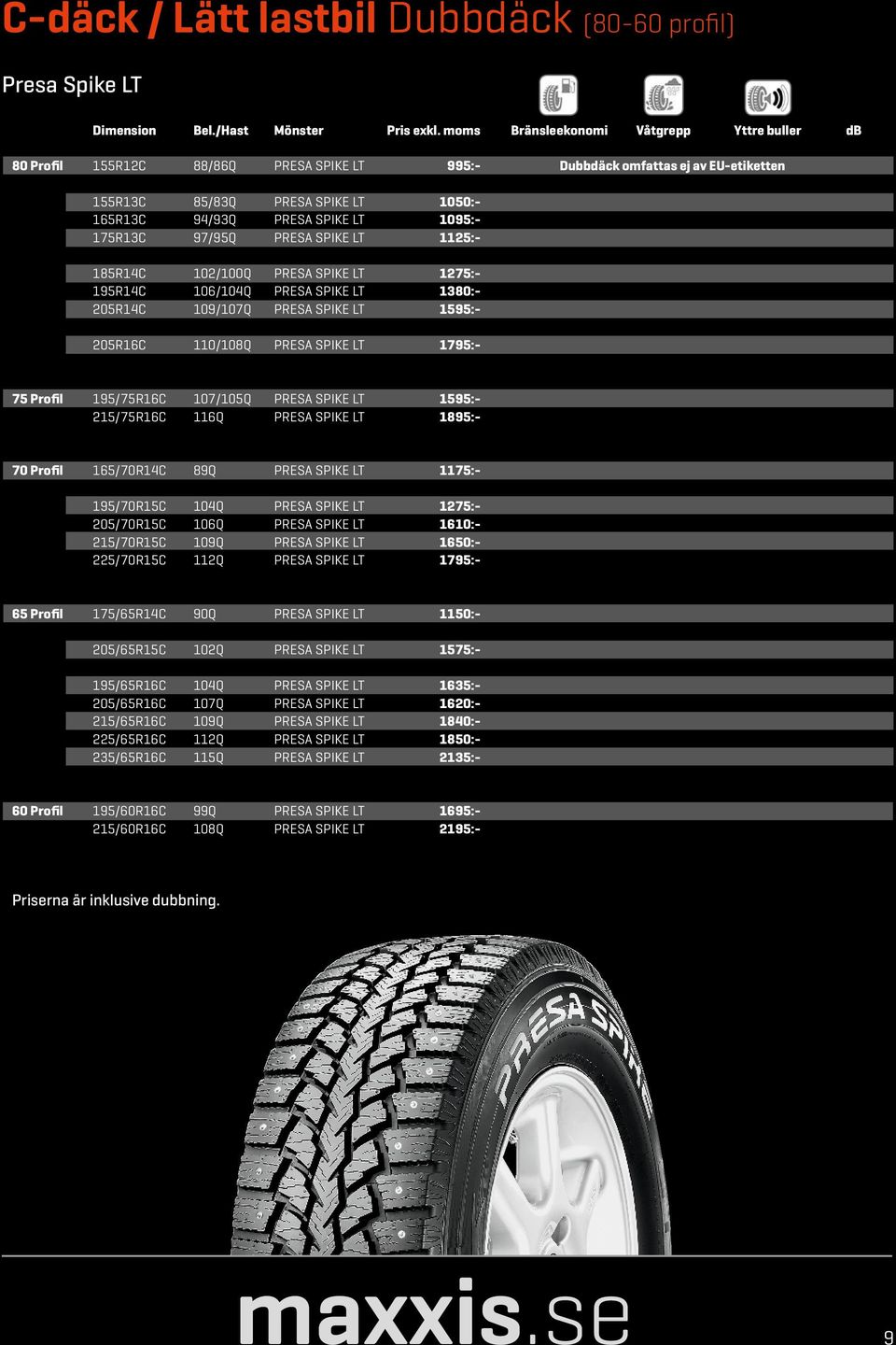 1095:- 175R13C 97/95Q PRESA SPIKE LT 1125:- 185R14C 102/100Q PRESA SPIKE LT 1275:- 195R14C 106/104Q PRESA SPIKE LT 1380:- 205R14C 109/107Q PRESA SPIKE LT 1595:- 205R16C 110/108Q PRESA SPIKE LT 1795:-